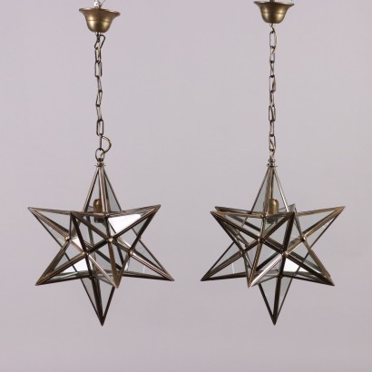 Pair of Vintage 1960s Star-Shaped Lamps Brass Glass Italy