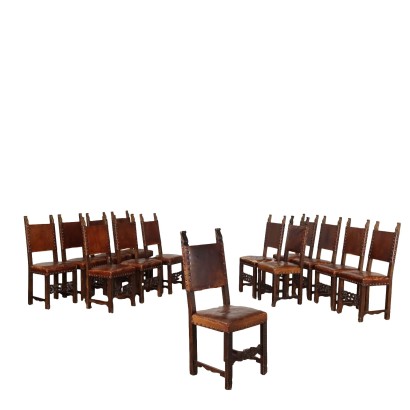 Group of Antique Neo-Renaissance Chairs Beech Leather Italy XX Century