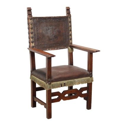 Antique Neo-Baroque Throne Walnut Leather Seat Italy XX Century