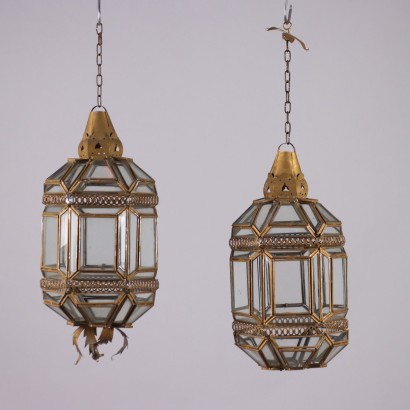 Pair of Antique Lanterns Gilded Metal Glass Italy XX Century
