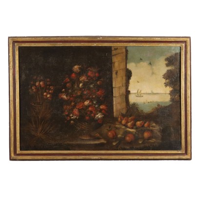 Tableau nature morte avec fleurs et fruits