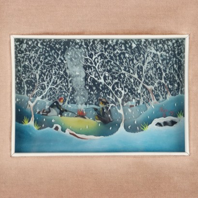 Naive painting by Mario Previ,The bonfire during the snowfall,Mario Previ,Mario Previ,Mario Previ,Mario Previ