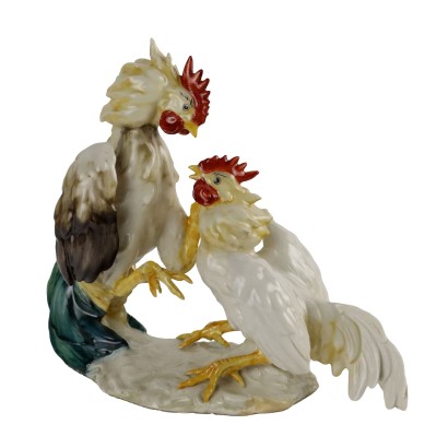 Pair of Antique Roosters Man. Cacciapuoti Ceramic XX Century