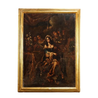 Antique Painting with Allegorical Subject Oil on Canvas XIX Century