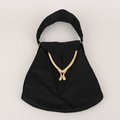 Vintage 1950s-60s Handbag Black Satin and Gilded Metal