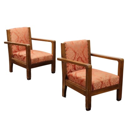 Pair of Vintage 1920s-30s Armchairs Beech Fabric Italy