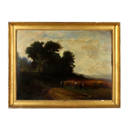 Pintura Moderna con Paisaje y Figuras Óleo sobre Cartón '900