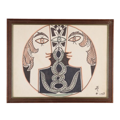 Dibujo Contemporáneo Firmado Jean Cocteau Vis à Vis 1963