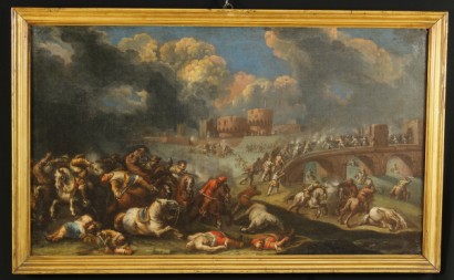 art, antiquités, peinture, école du 18ème siècle, scène de bataille, peintures à l’huile sur toile
