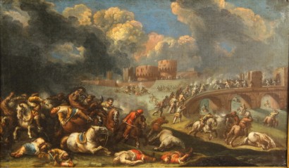art, antiquités, peinture, école du 18ème siècle, scène de bataille, peintures à l’huile sur toile