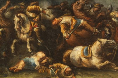 art, antiquités, peinture, école du 18ème siècle, scène de bataille, peintures à l’huile sur toile