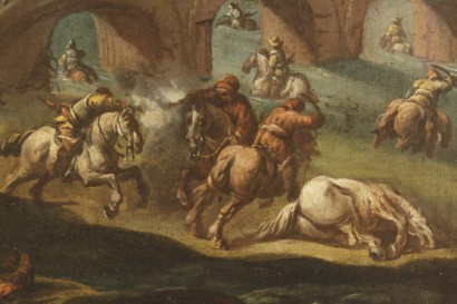 art, antiquités, peinture, école du 18ème siècle, scène de bataille, peintures à l’huile sur toile