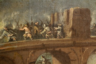 art, antiquités, peinture, école du 18ème siècle, scène de bataille, peintures à l’huile sur toile