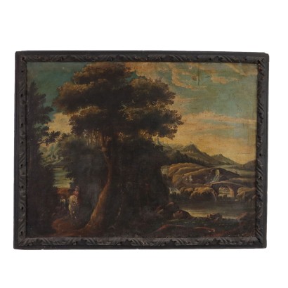 Antique Painting Landscape with Figures Oil on Canvas XVIII Century