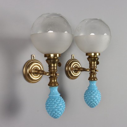 Antique Wall Lamps Gilded Bronze Ceramic Glass XX Century