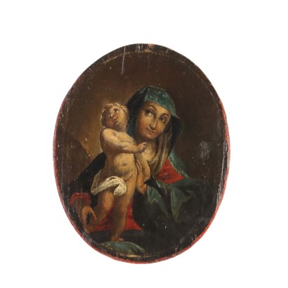 Antique Painting Virgin Mary with Jesus Child Oil on Hardboard '700