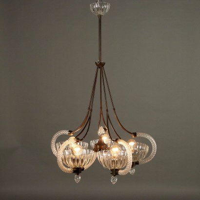 Lustre en verre et laiton des années 1930-40