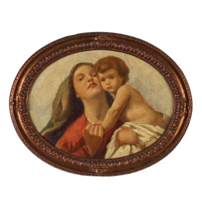 Antique Painting Virgin Mary with Jesus Child Oil on Canvas XIX Centur