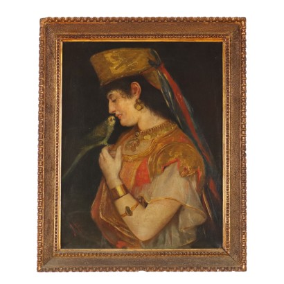 Antique Painting Young Man with Parrot Oil on Canvas XIX Century