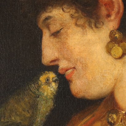 Peinture Jeune femme au perroquet