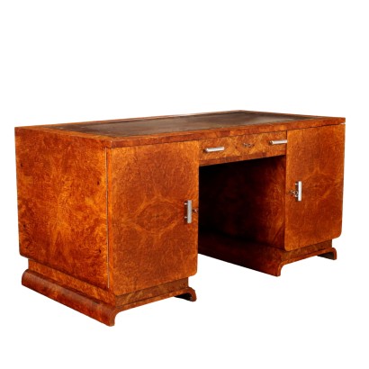 Vintage Writing Desk Decò Walnut Burl Veneer Metal Italy 1920s-1930s