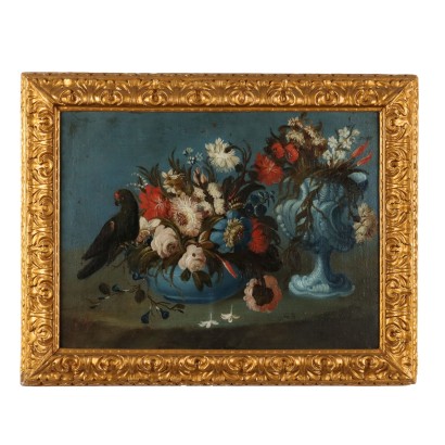 Painting Still Life with Flowers and Parrot