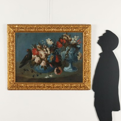 Painting Still life with flowers and food,Still life with flowers and parrot
