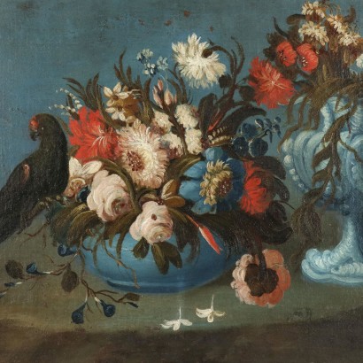 Painting Still life with flowers and food,Still life with flowers and parrot