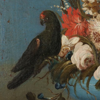 Painting Still life with flowers and food,Still life with flowers and parrot