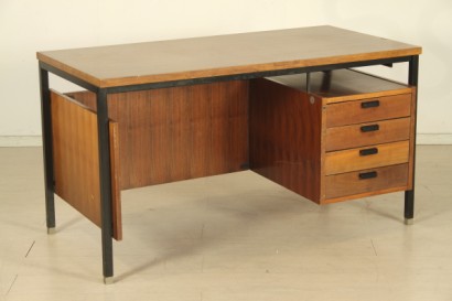 Scrivania Anonima Castelli, legno impiallacciato teak, metallo verniciato, buone condizioni, piccoli segni di usura
