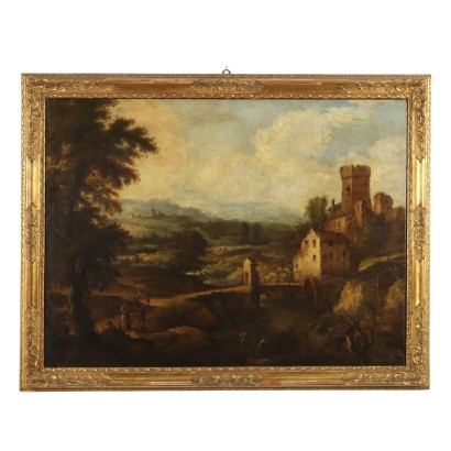 Dipinto Paesaggio con Torrente Mulino e Figure