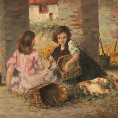 Scène de genre de peinture, passe-temps des petites filles