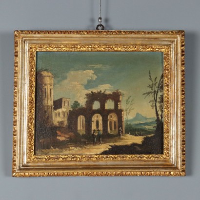 Dipinto Paesaggio con Rovine Architettoniche e Figure
