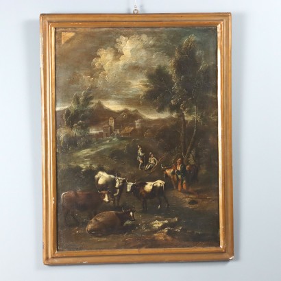 Gemälde Landschaft mit Figuren und Herde