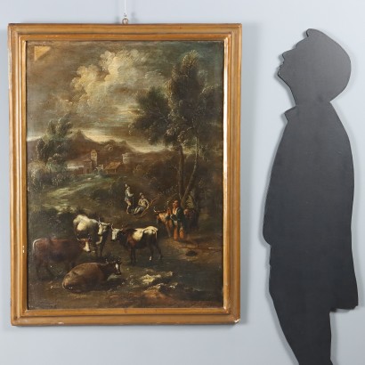 Gemälde Landschaft mit Figuren und Herde