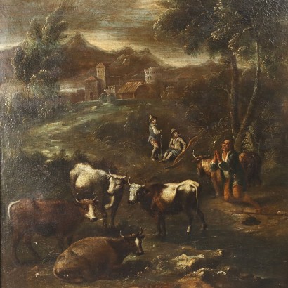 Gemälde Landschaft mit Figuren und Herde