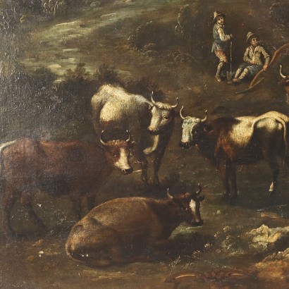 Gemälde Landschaft mit Figuren und Herde