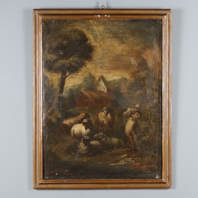 Peinture de paysage avec berger et moutons