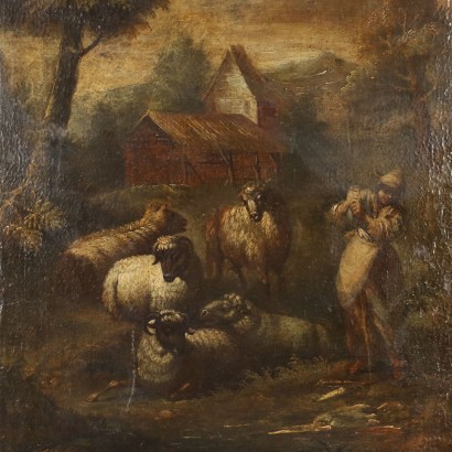 Landscape Painting with Shepherd and Sheep