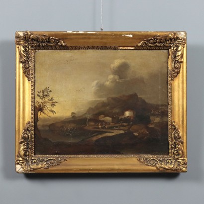 Dipinto Paesaggio con Figure ed Edifici