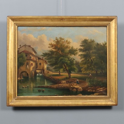 Dipinto Paesaggio con Mulino e Figure