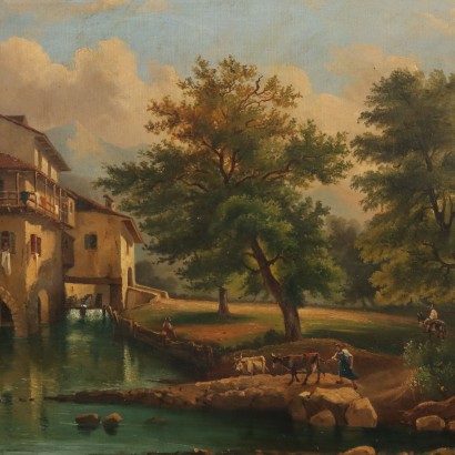Painting Landscape with Mill and Figures