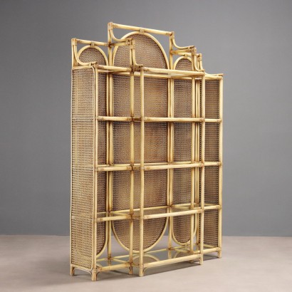 Vintage Bookcase Bamboo Smoked Glass Wicker Design Italy 1980s