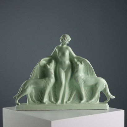 Woman with Dogs Antique Sculpture Louis Fontinelle France XX Century