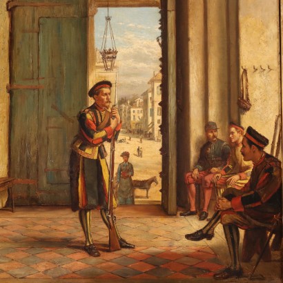 Scène de peinture avec des personnages, Peinture de George Goodwin Kilburne, Scène avec des gardes dans la ville, George Goodwin Kilburne, George Goodwin Kilburne, George Goodwin Kilburne