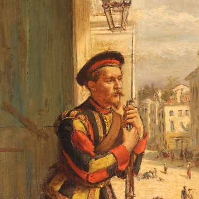 Scène de peinture avec des personnages, Peinture de George Goodwin Kilburne, Scène avec des gardes dans la ville, George Goodwin Kilburne, George Goodwin Kilburne, George Goodwin Kilburne