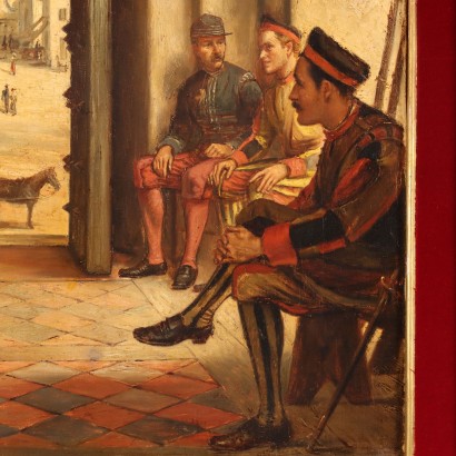 Scène de peinture avec des personnages, Peinture de George Goodwin Kilburne, Scène avec des gardes dans la ville, George Goodwin Kilburne, George Goodwin Kilburne, George Goodwin Kilburne