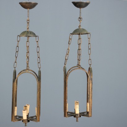 Antique Lanterns Enamelled Iron 5 Lights Italy XX Century