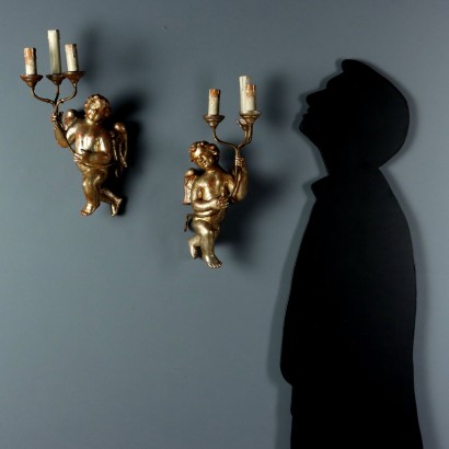 Pair of wall lamps, Pair of wooden wall lamps