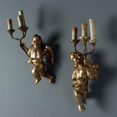 Pair of wall lamps, Pair of wooden wall lamps